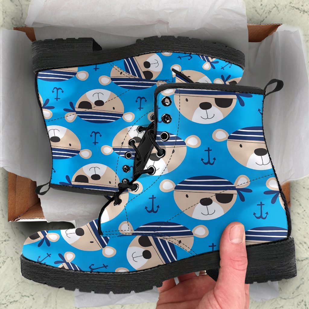Pirate Bear Pattern Print Men Women Leather Boots-grizzshop