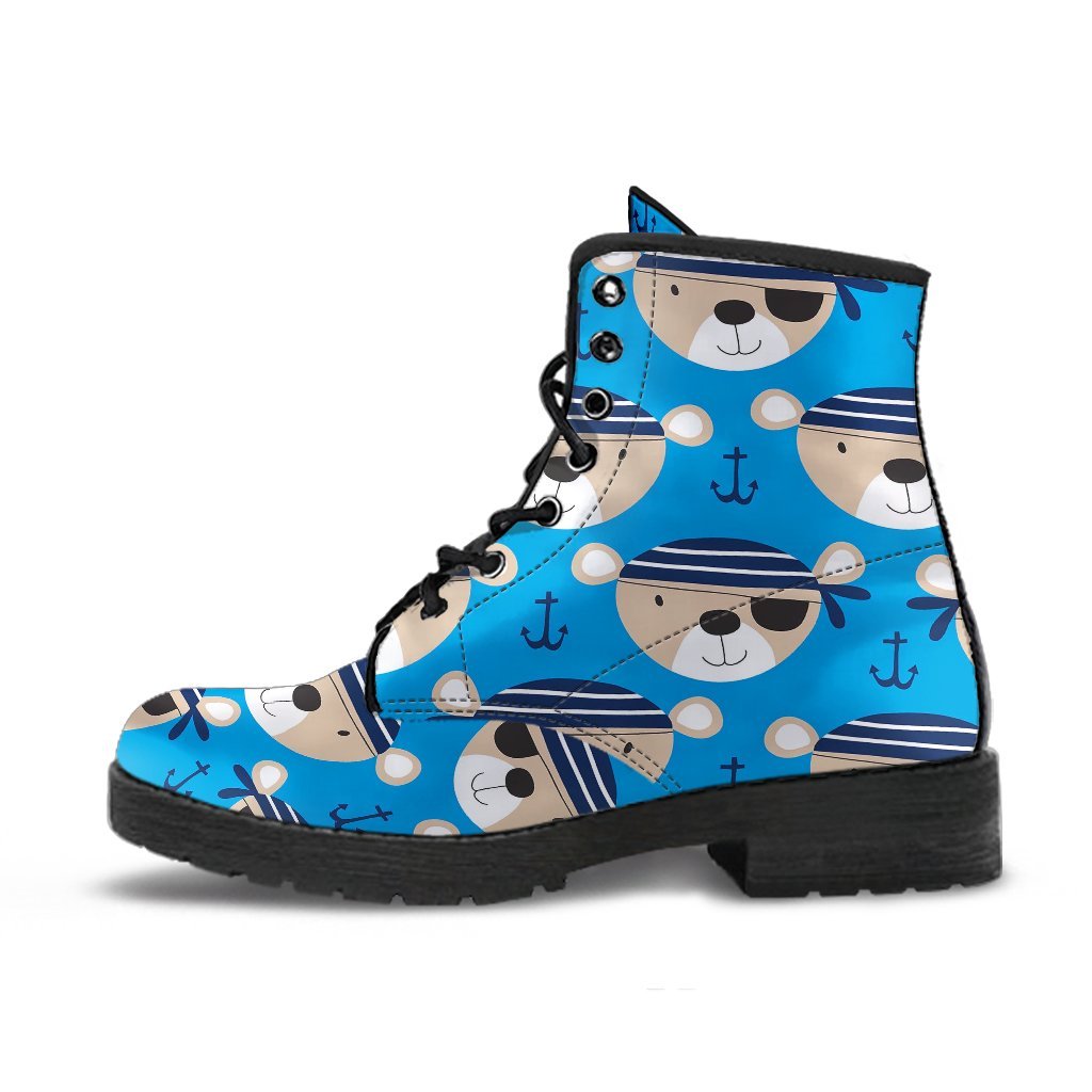 Pirate Bear Pattern Print Men Women Leather Boots-grizzshop