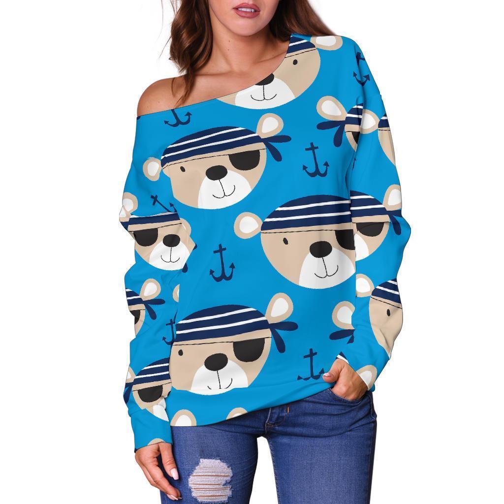Pirate Bear Pattern Print Women Off Shoulder Sweatshirt-grizzshop