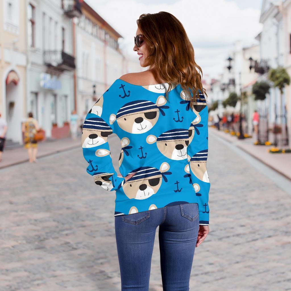 Pirate Bear Pattern Print Women Off Shoulder Sweatshirt-grizzshop