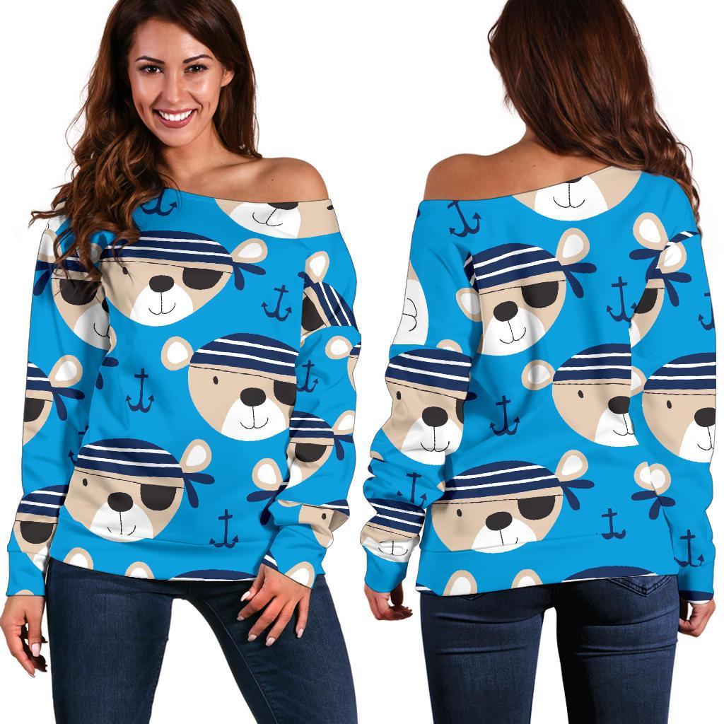 Pirate Bear Pattern Print Women Off Shoulder Sweatshirt-grizzshop