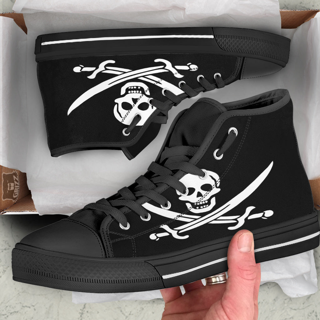 Pirate Flag Calico Jack Print Black High Top Shoes-grizzshop