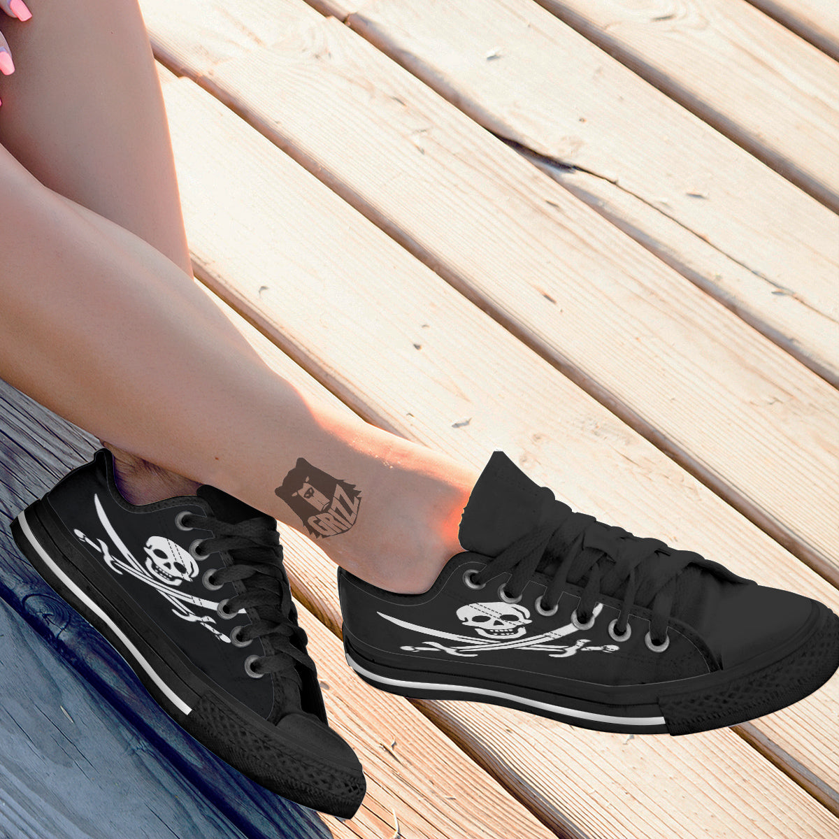 Pirate Flag Calico Jack Print Black Low Top Shoes-grizzshop