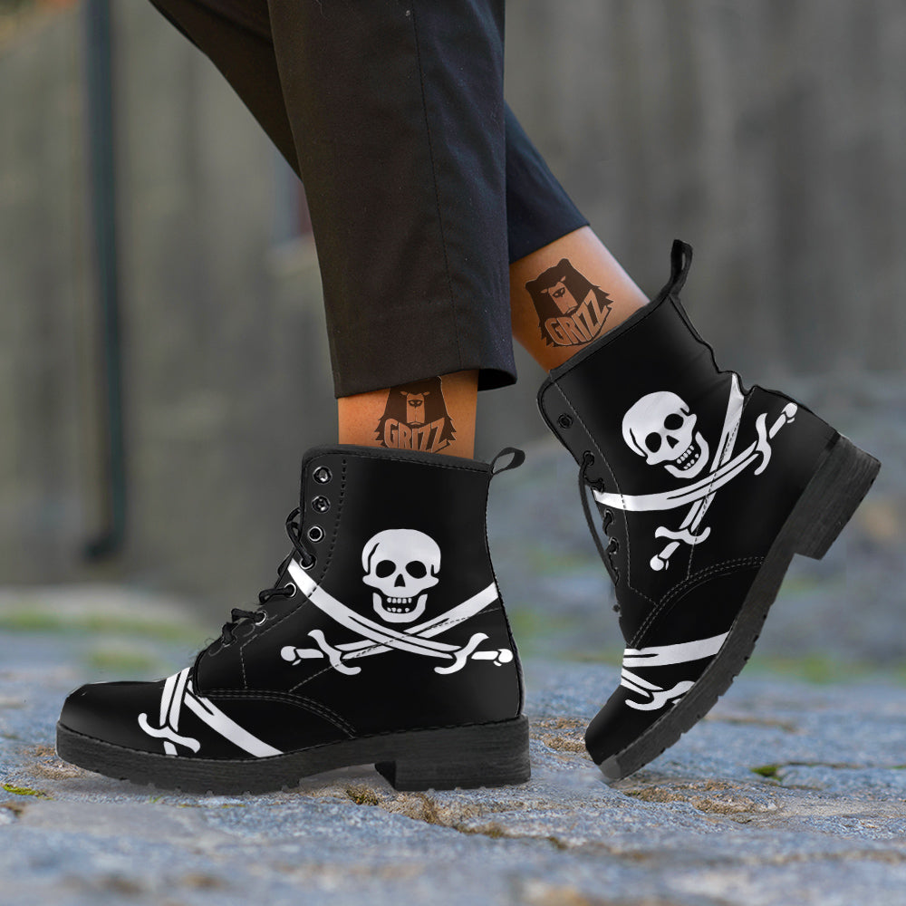 Pirate Flag Calico Jack Print Leather Boots-grizzshop
