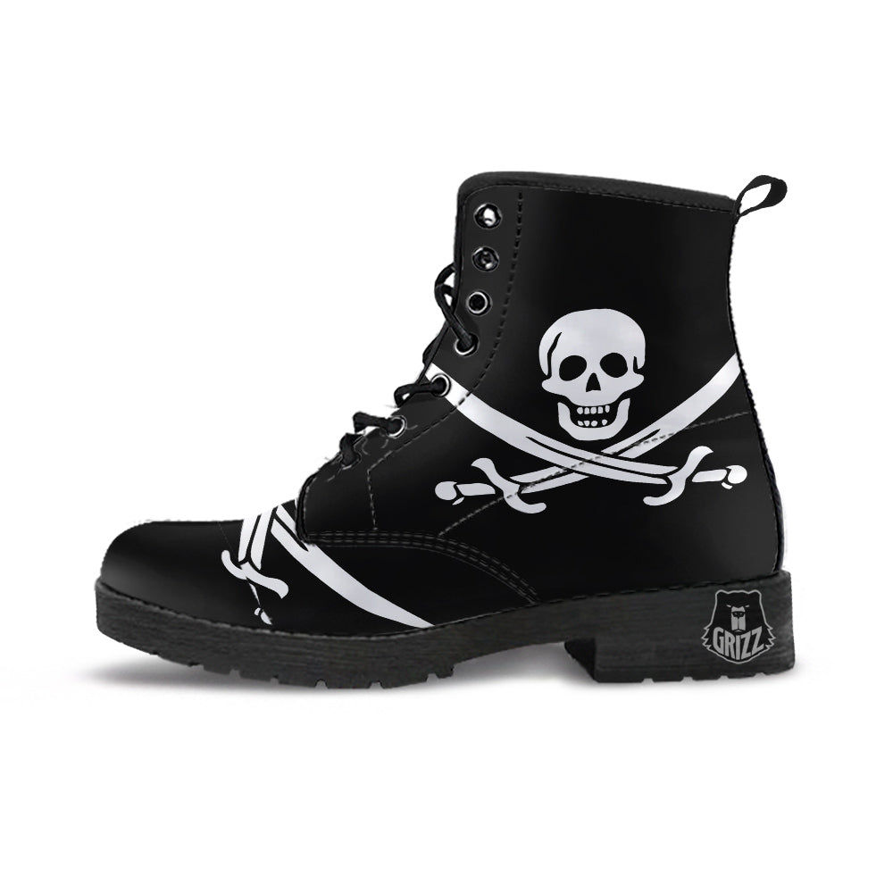 Pirate Flag Calico Jack Print Leather Boots-grizzshop