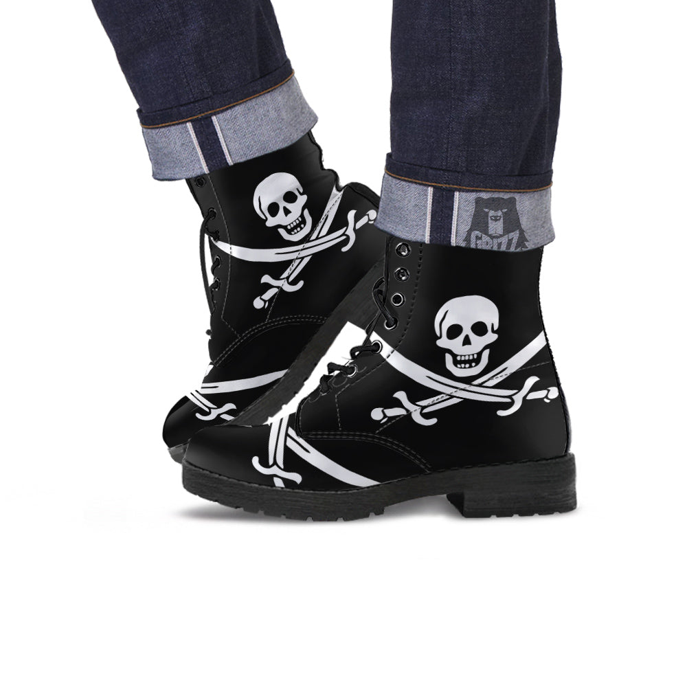 Pirate Flag Calico Jack Print Leather Boots-grizzshop