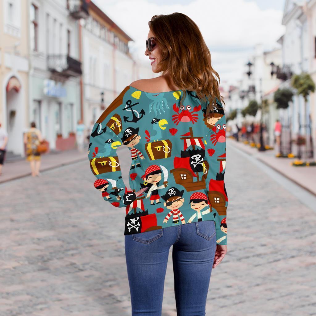 Pirate Pattern Print Women Off Shoulder Sweatshirt-grizzshop