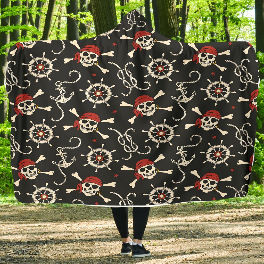 Pirate Skull Pattern Print Hooded Blanket-grizzshop