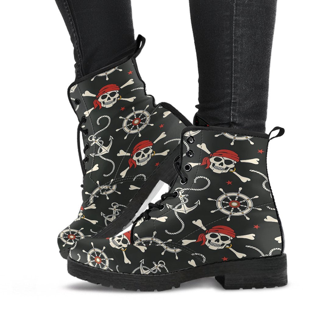 Pirate Skull Pattern Print Men Women Leather Boots-grizzshop
