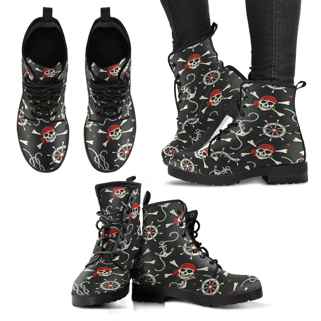 Pirate Skull Pattern Print Men Women Leather Boots-grizzshop