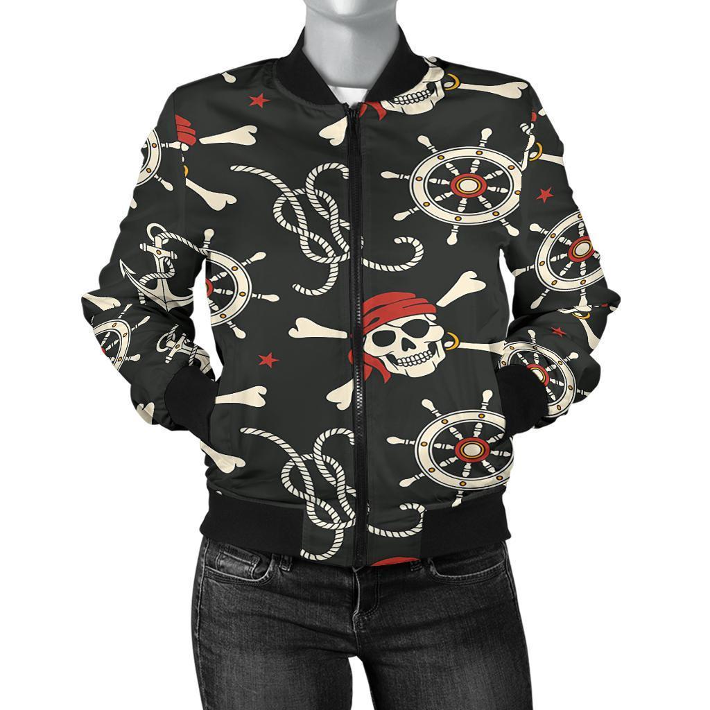 Pirate Skull Pattern Print Women Casual Bomber Jacket-grizzshop