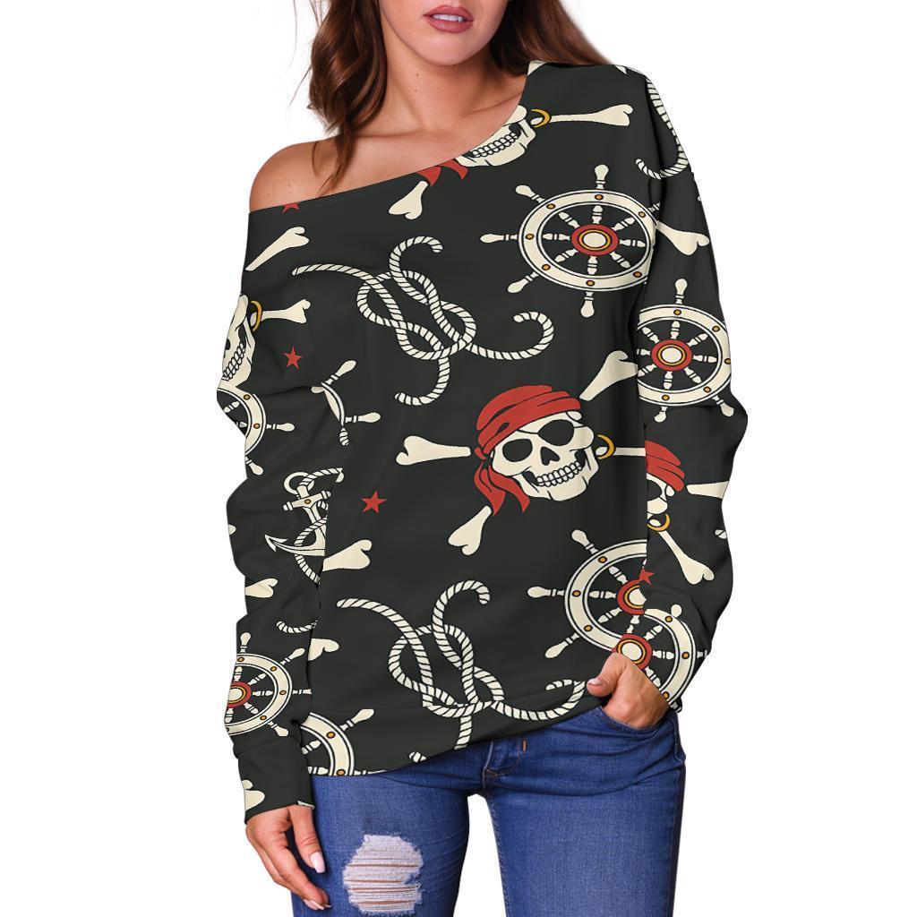 Pirate Skull Pattern Print Women Off Shoulder Sweatshirt-grizzshop