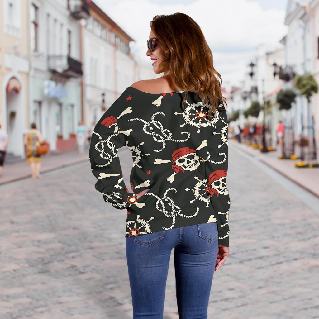 Pirate Skull Pattern Print Women Off Shoulder Sweatshirt-grizzshop