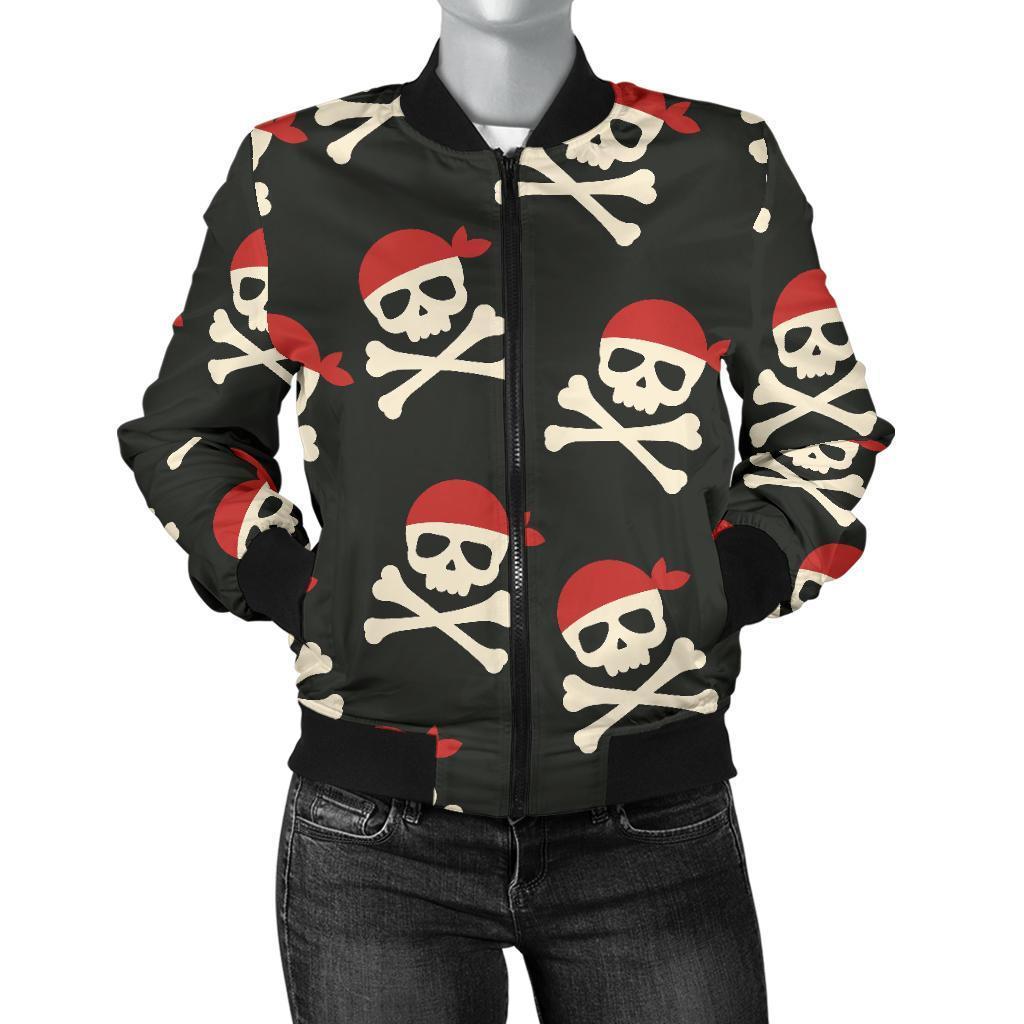 Pirate Skull Print Pattern Women Casual Bomber Jacket-grizzshop