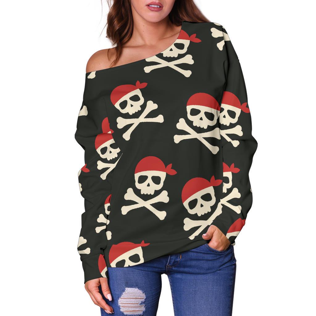 Pirate Skull Print Pattern Women Off Shoulder Sweatshirt-grizzshop