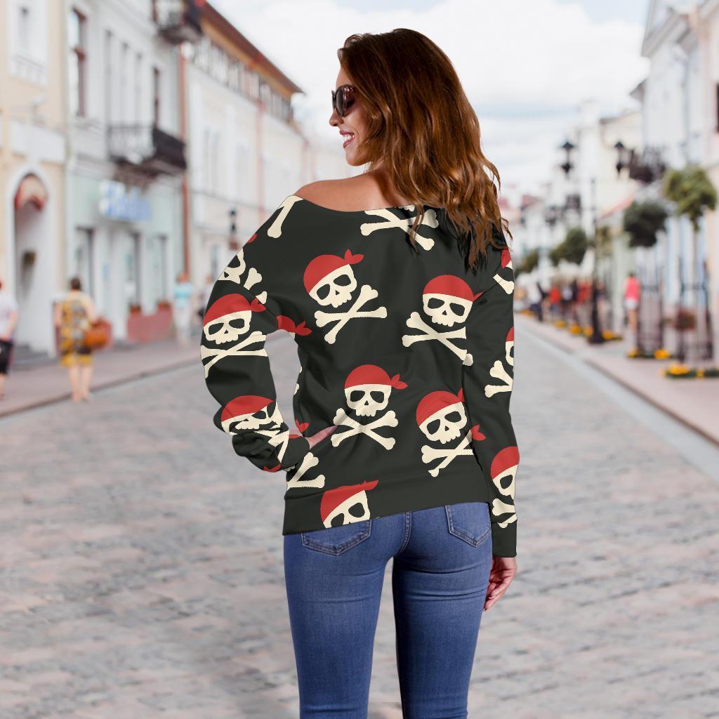 Pirate Skull Print Pattern Women Off Shoulder Sweatshirt-grizzshop