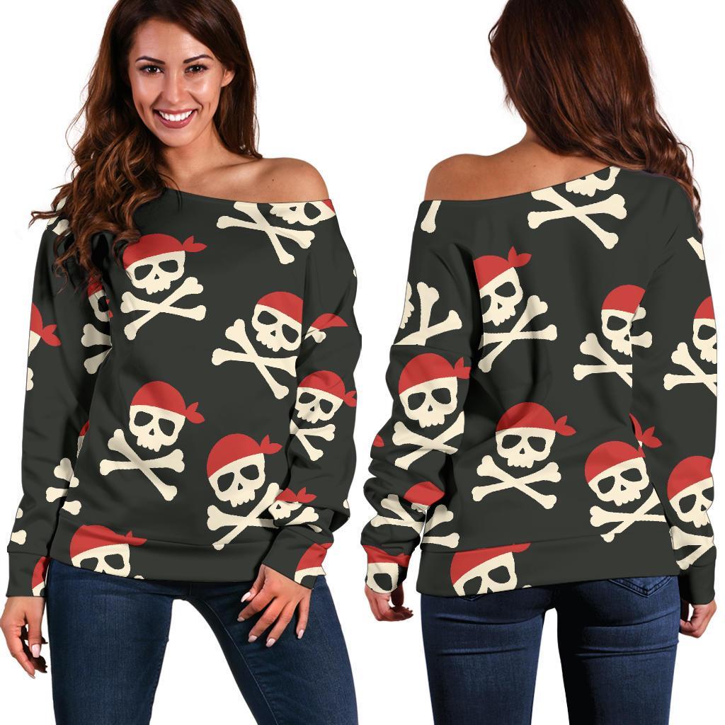 Pirate Skull Print Pattern Women Off Shoulder Sweatshirt-grizzshop