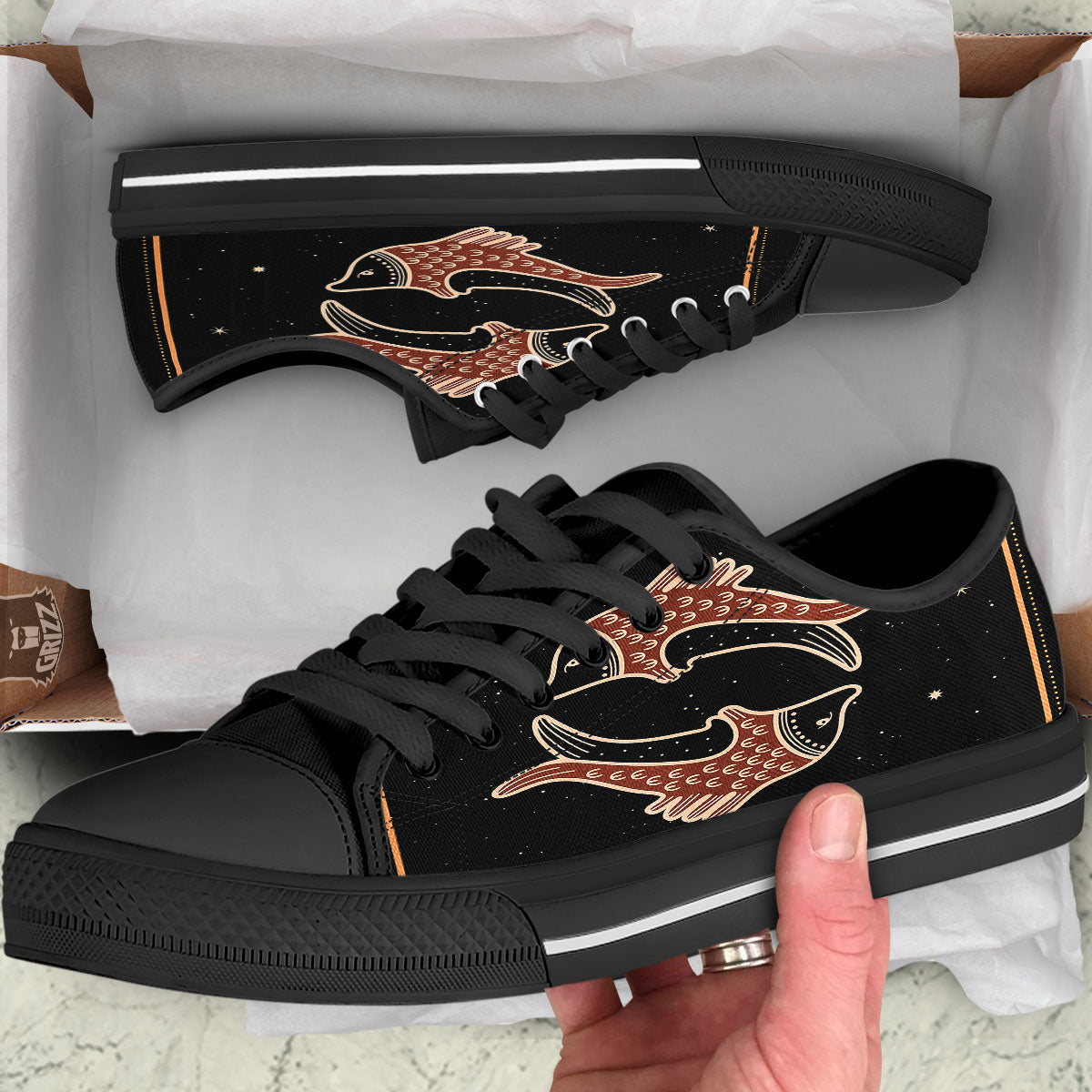 Pisces Constellation Print Black Low Top Shoes-grizzshop