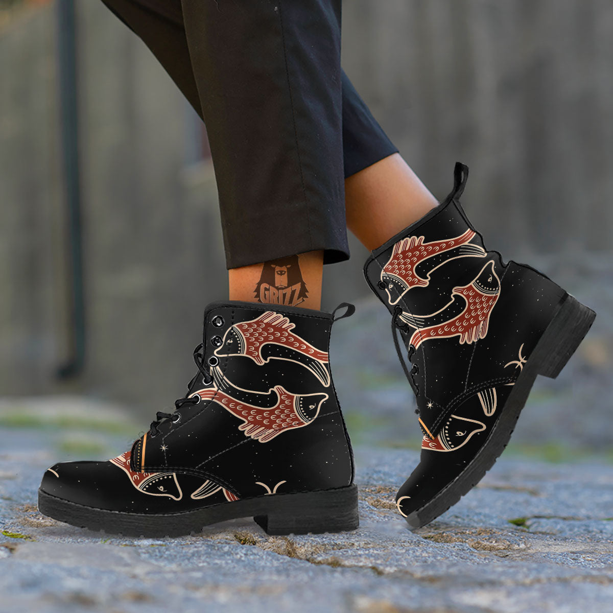Pisces Constellation Print Leather Boots-grizzshop