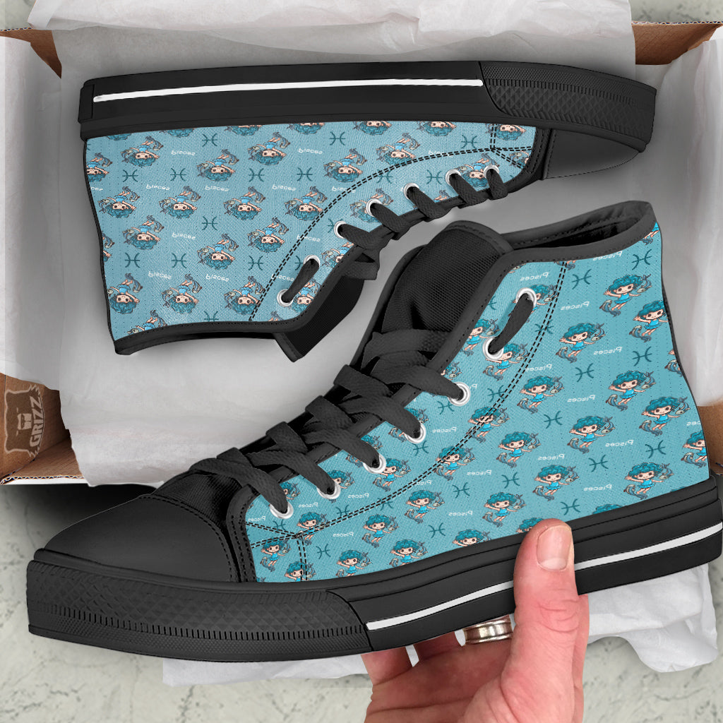 Pisces Cute Cartoon Print Pattern Black High Top Shoes-grizzshop