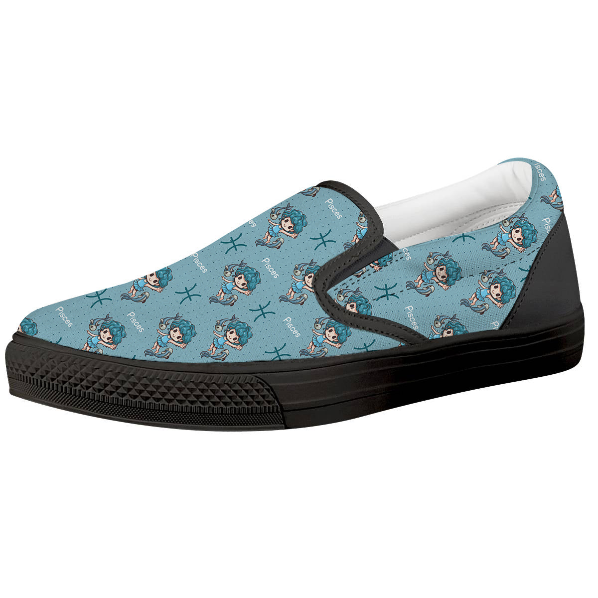 Pisces Cute Cartoon Print Pattern Black Slip On Shoes-grizzshop