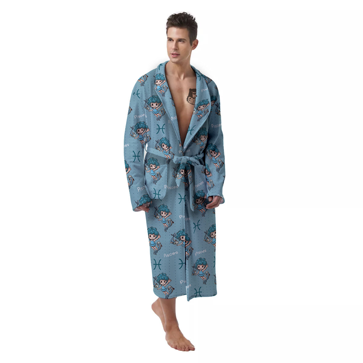 Pisces Cute Cartoon Print Pattern Men's Robe-grizzshop