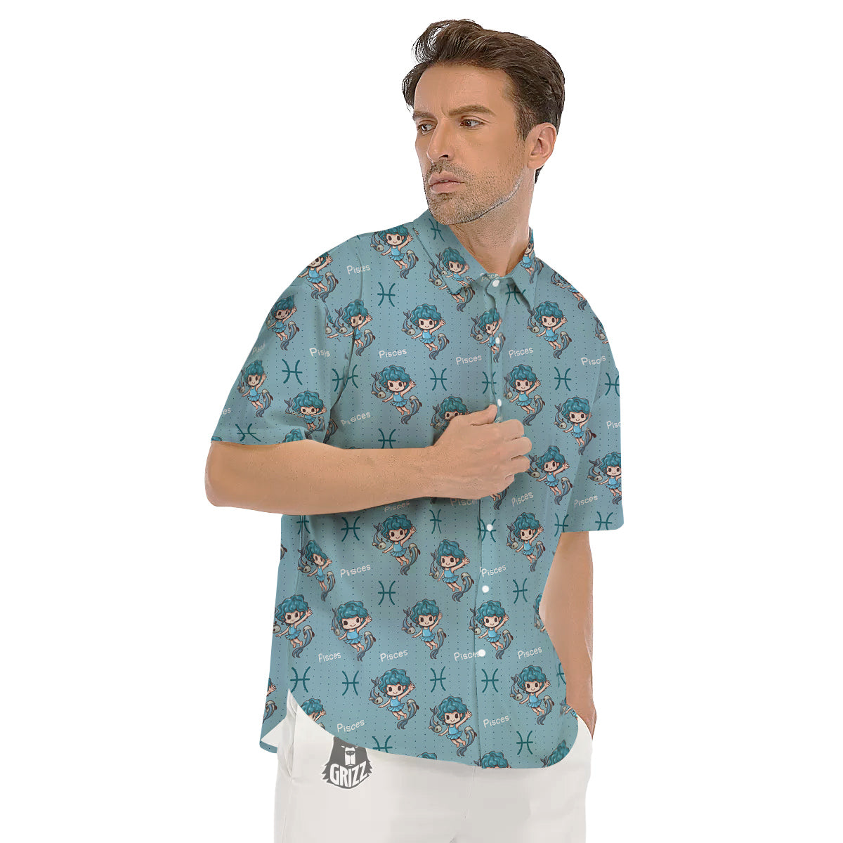 Pisces Cute Cartoon Print Pattern Men's Short Sleeve Shirts-grizzshop