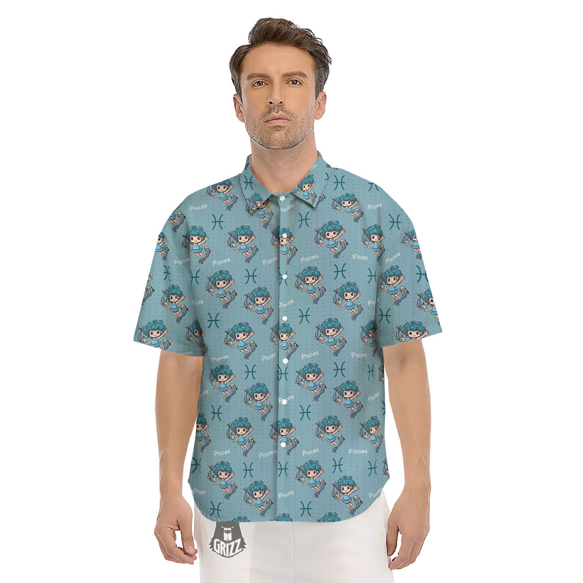Pisces Cute Cartoon Print Pattern Men's Short Sleeve Shirts-grizzshop