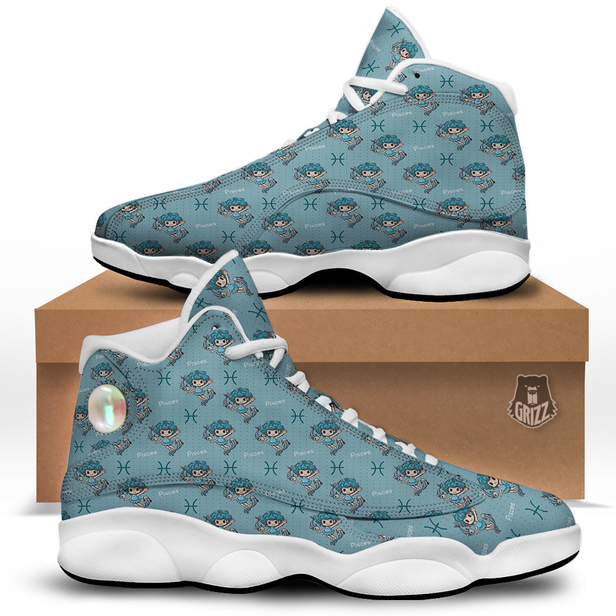 Pisces Cute Cartoon Print Pattern White Basketball Shoes-grizzshop