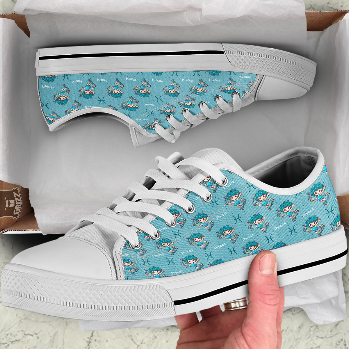 Pisces Cute Cartoon Print Pattern White Low Top Shoes-grizzshop