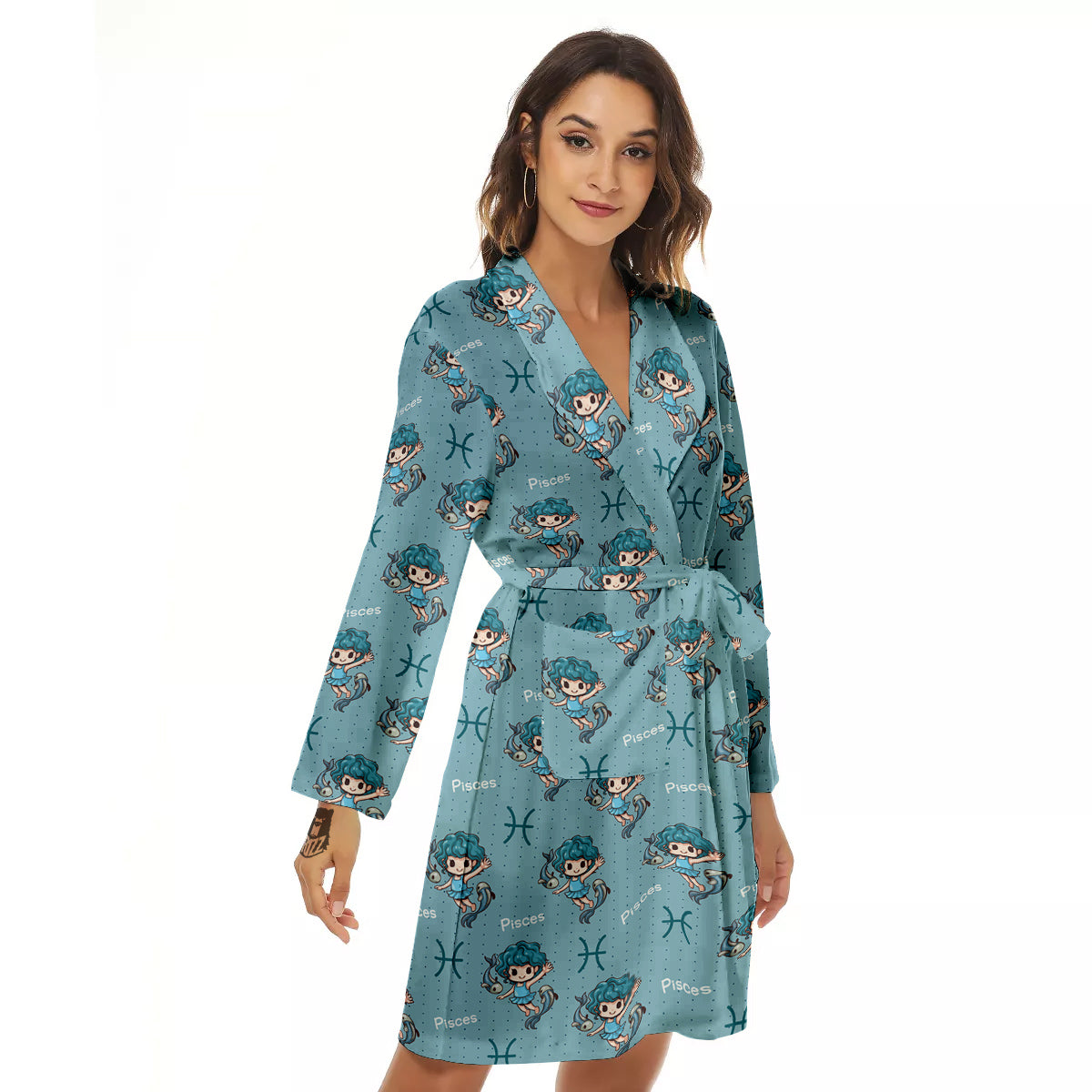 Pisces Cute Cartoon Print Pattern Women's Robe-grizzshop