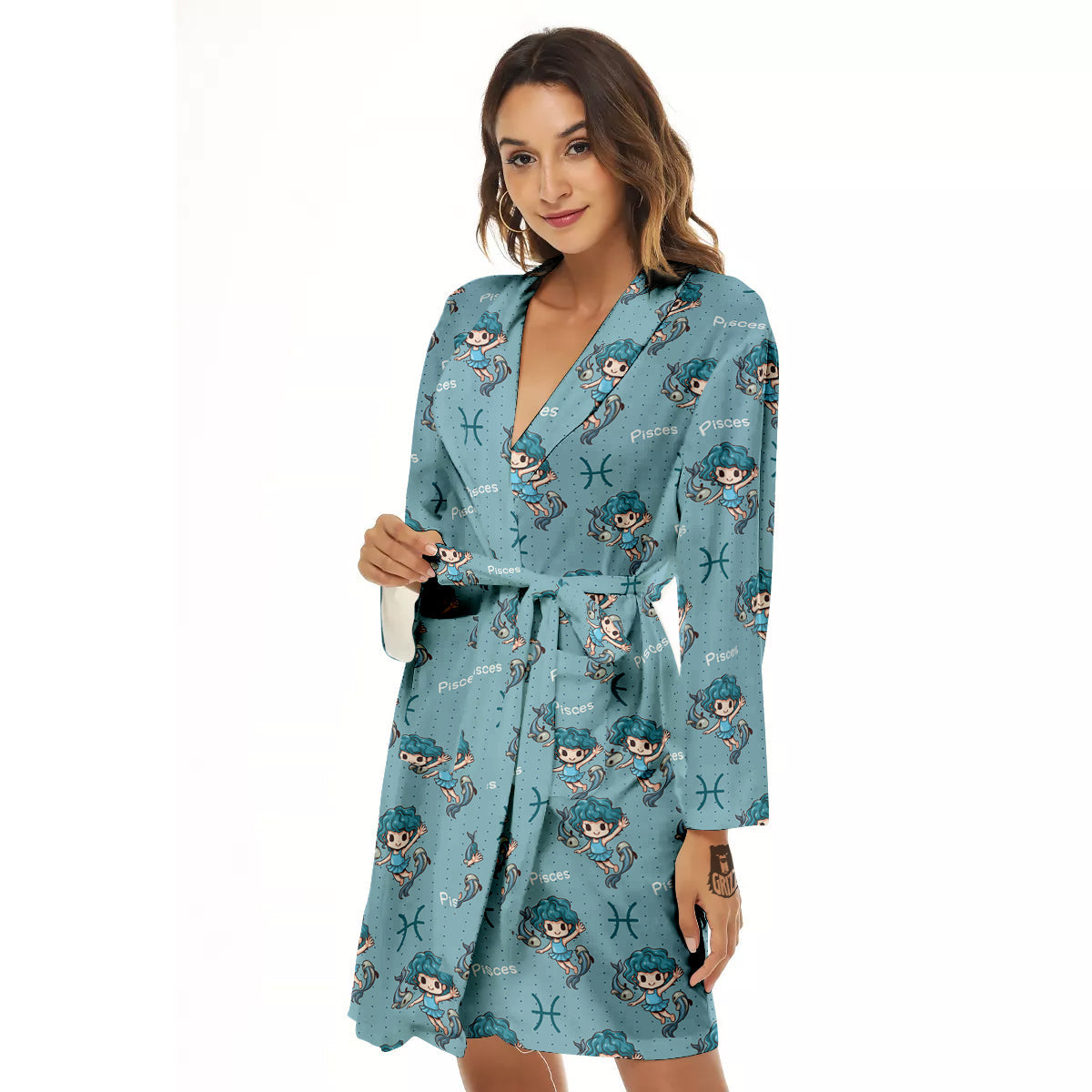 Pisces Cute Cartoon Print Pattern Women's Robe-grizzshop