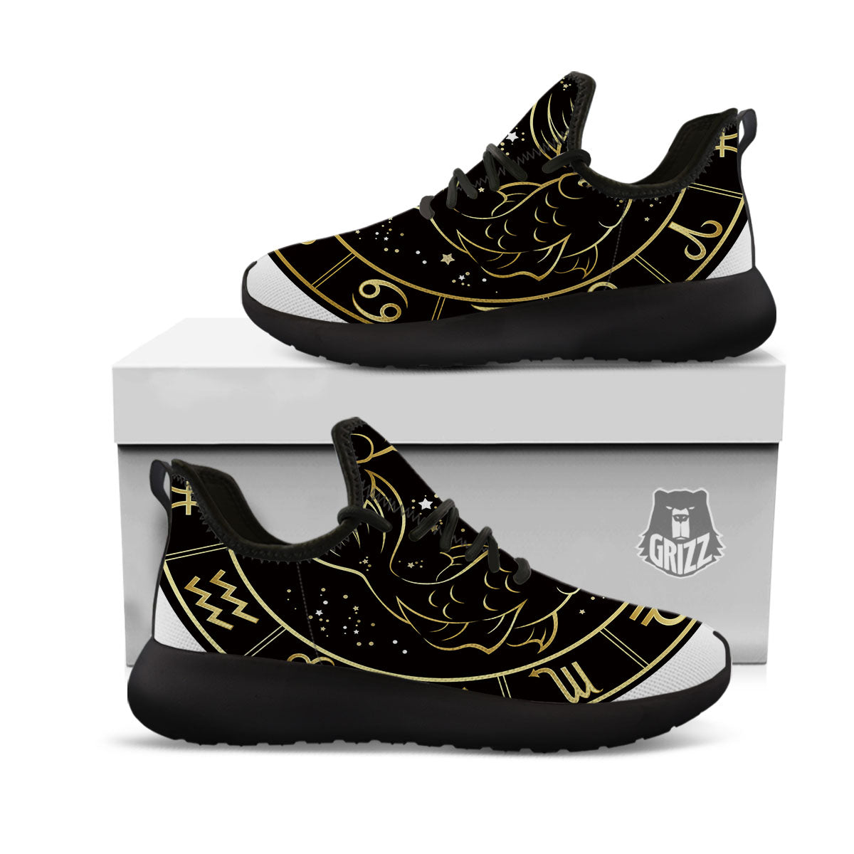 Pisces Sign Black And Gold Print Black Athletic Shoes-grizzshop
