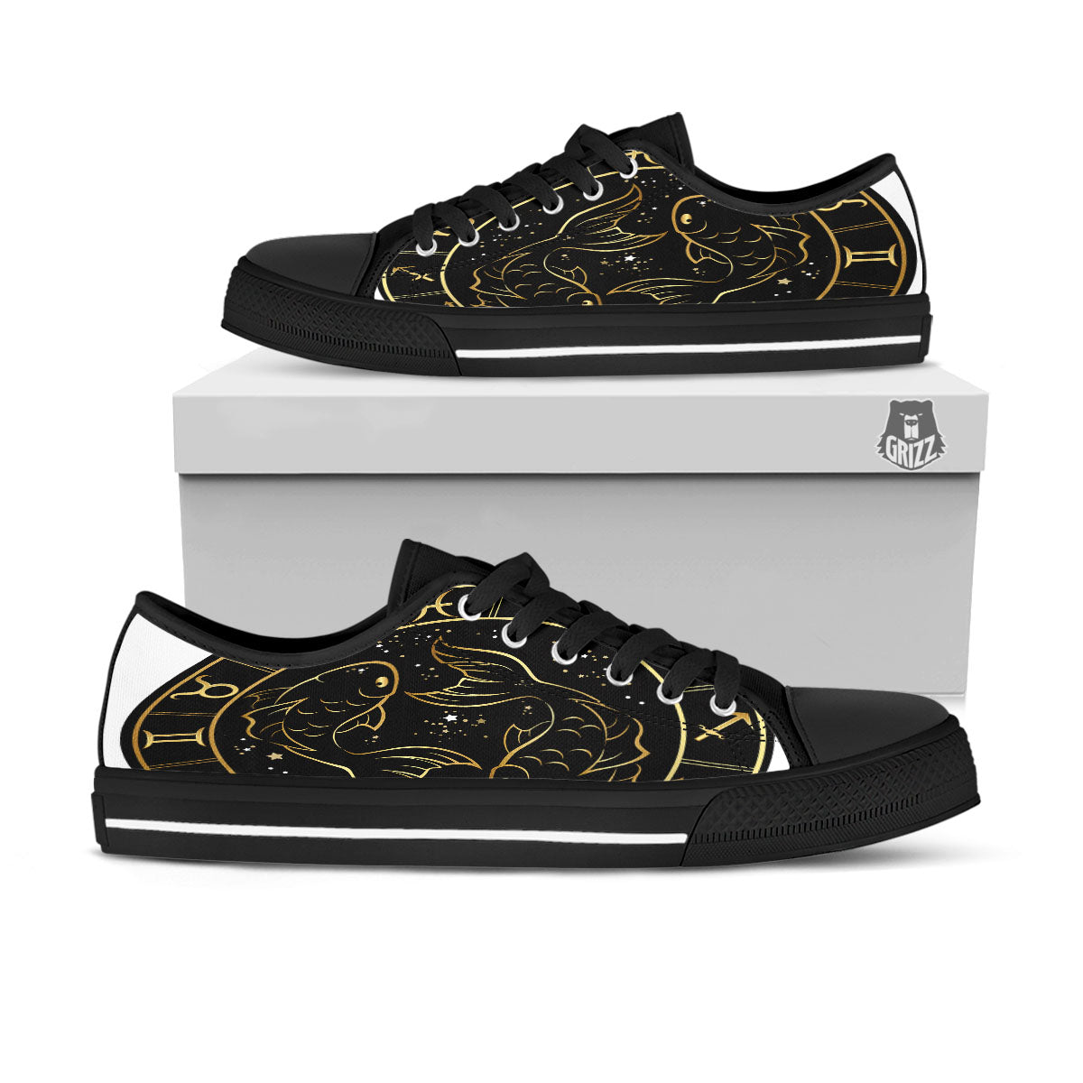 Pisces Sign Black And Gold Print Black Low Top Shoes-grizzshop