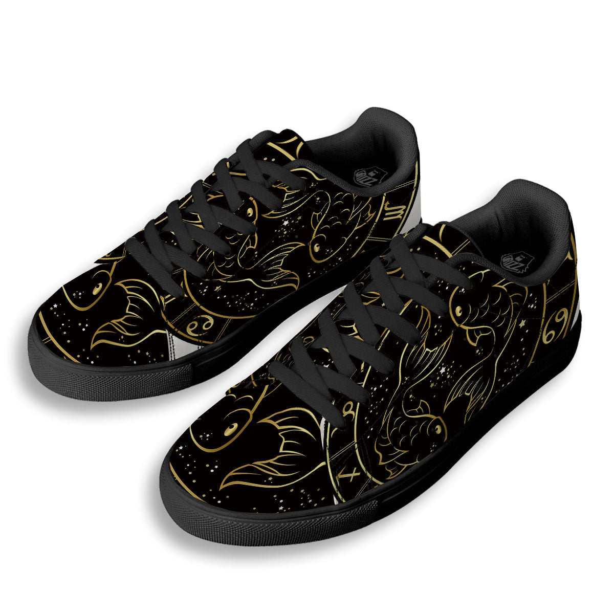 Pisces Sign Black And Gold Print Black Low Top Sneakers-grizzshop