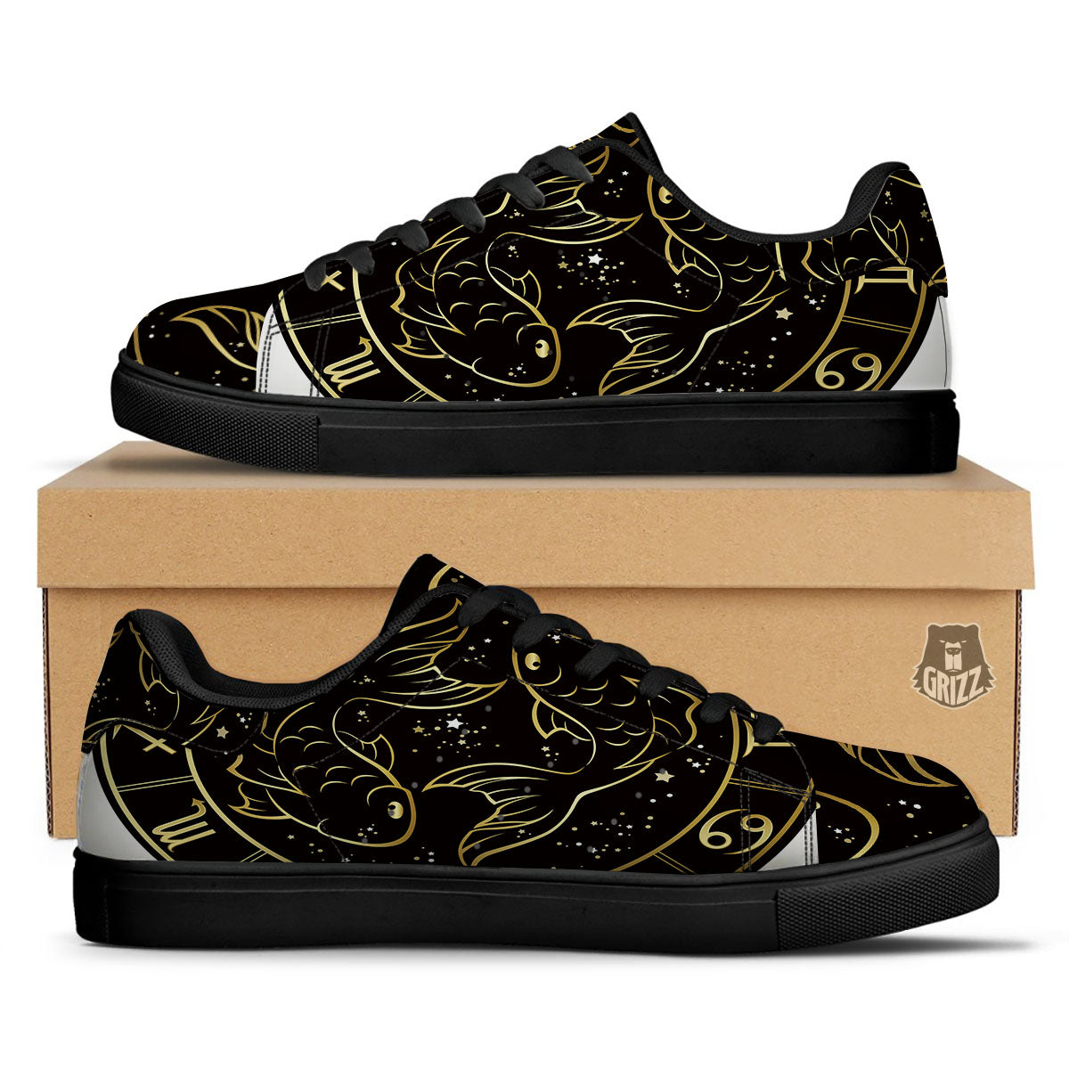 Pisces Sign Black And Gold Print Black Low Top Sneakers-grizzshop