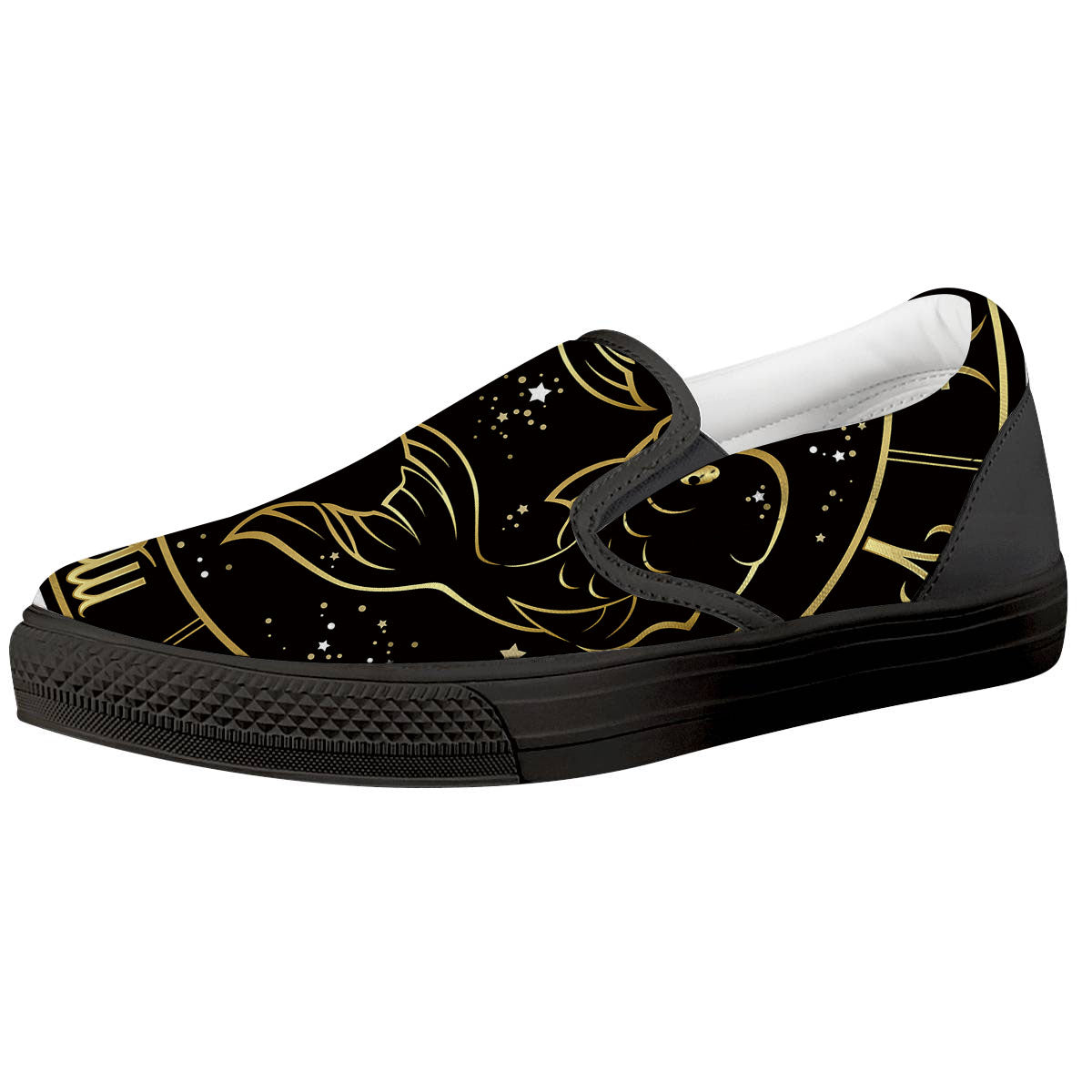 Pisces Sign Black And Gold Print Black Slip On Shoes-grizzshop