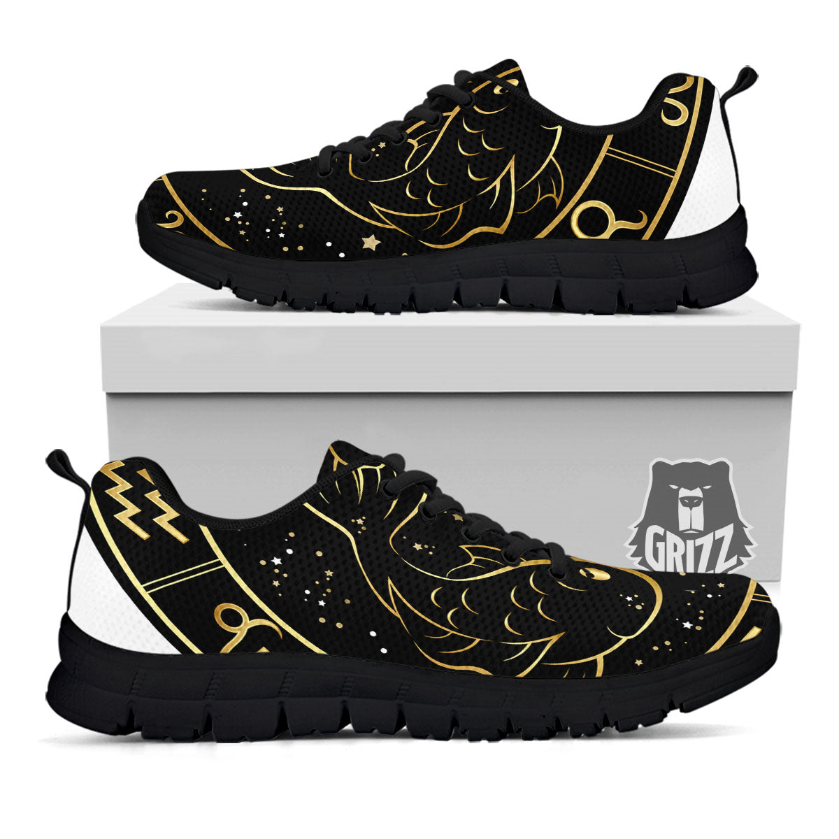 Pisces Sign Black And Gold Print Black Sneaker-grizzshop