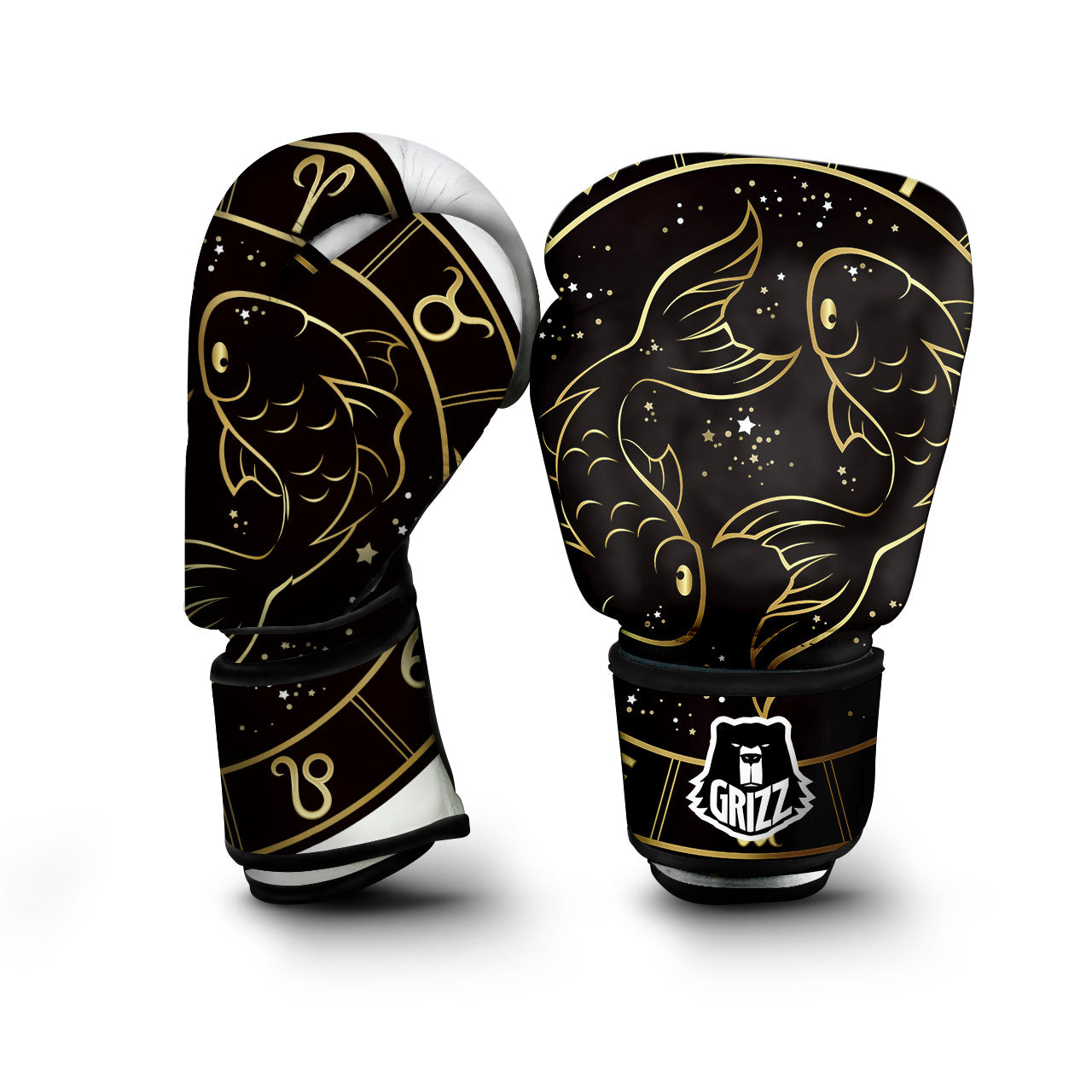 Pisces Sign Black And Gold Print Boxing Gloves-grizzshop
