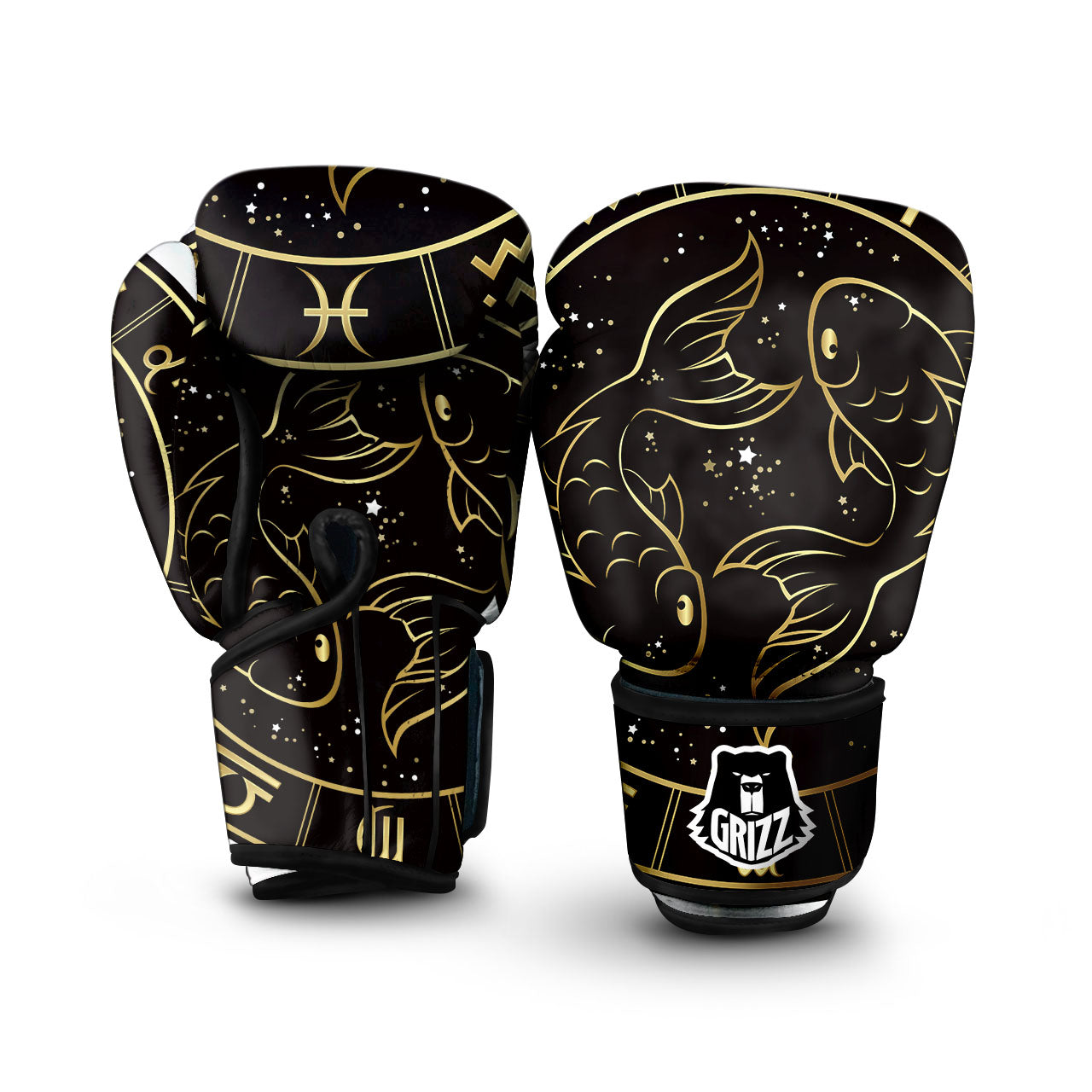 Pisces Sign Black And Gold Print Boxing Gloves-grizzshop