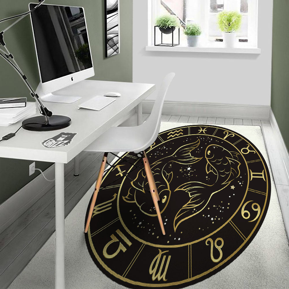 Pisces Sign Black And Gold Print Floor Mat-grizzshop