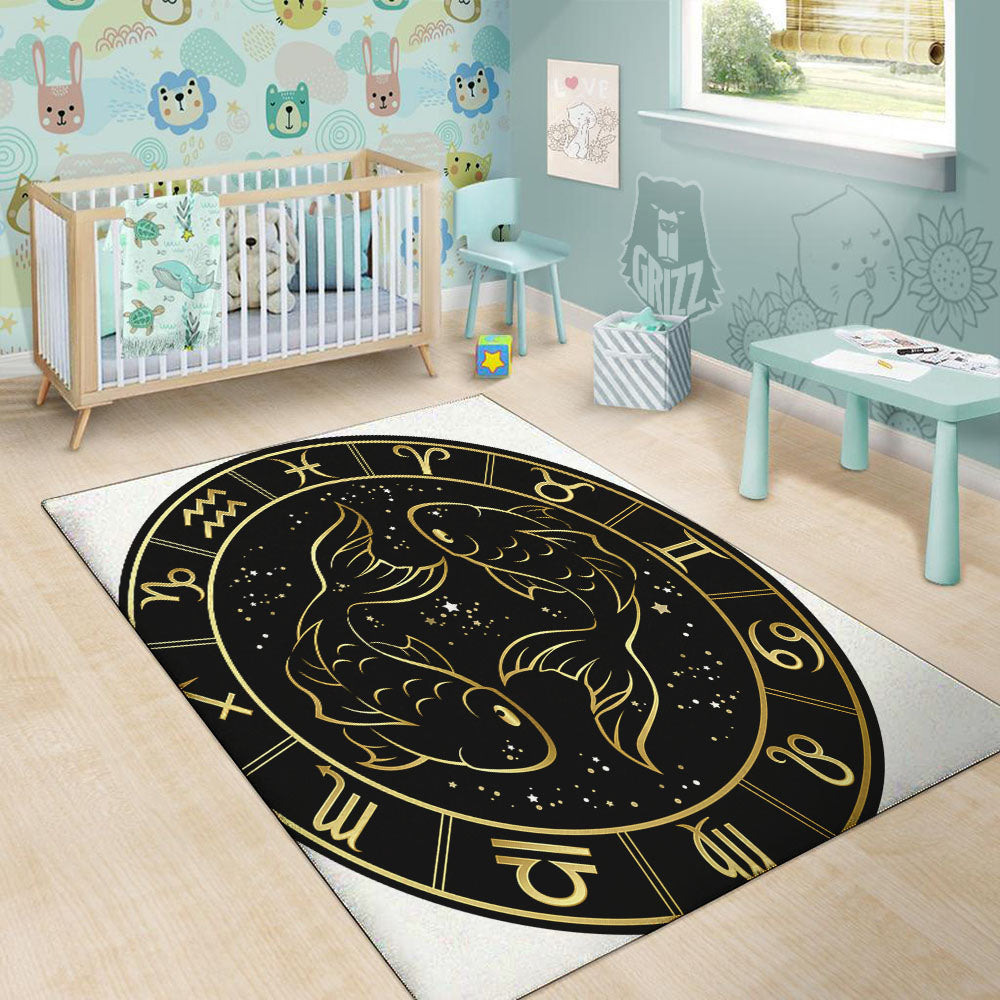 Pisces Sign Black And Gold Print Floor Mat-grizzshop