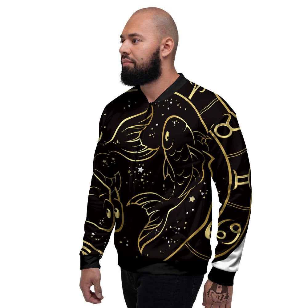 Pisces Sign Black And Gold Print Men's Bomber Jacket-grizzshop