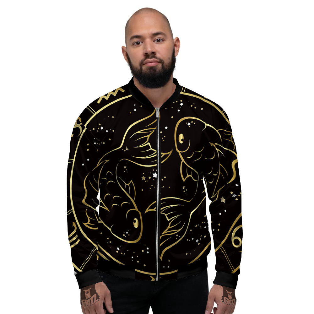 Pisces Sign Black And Gold Print Men's Bomber Jacket-grizzshop