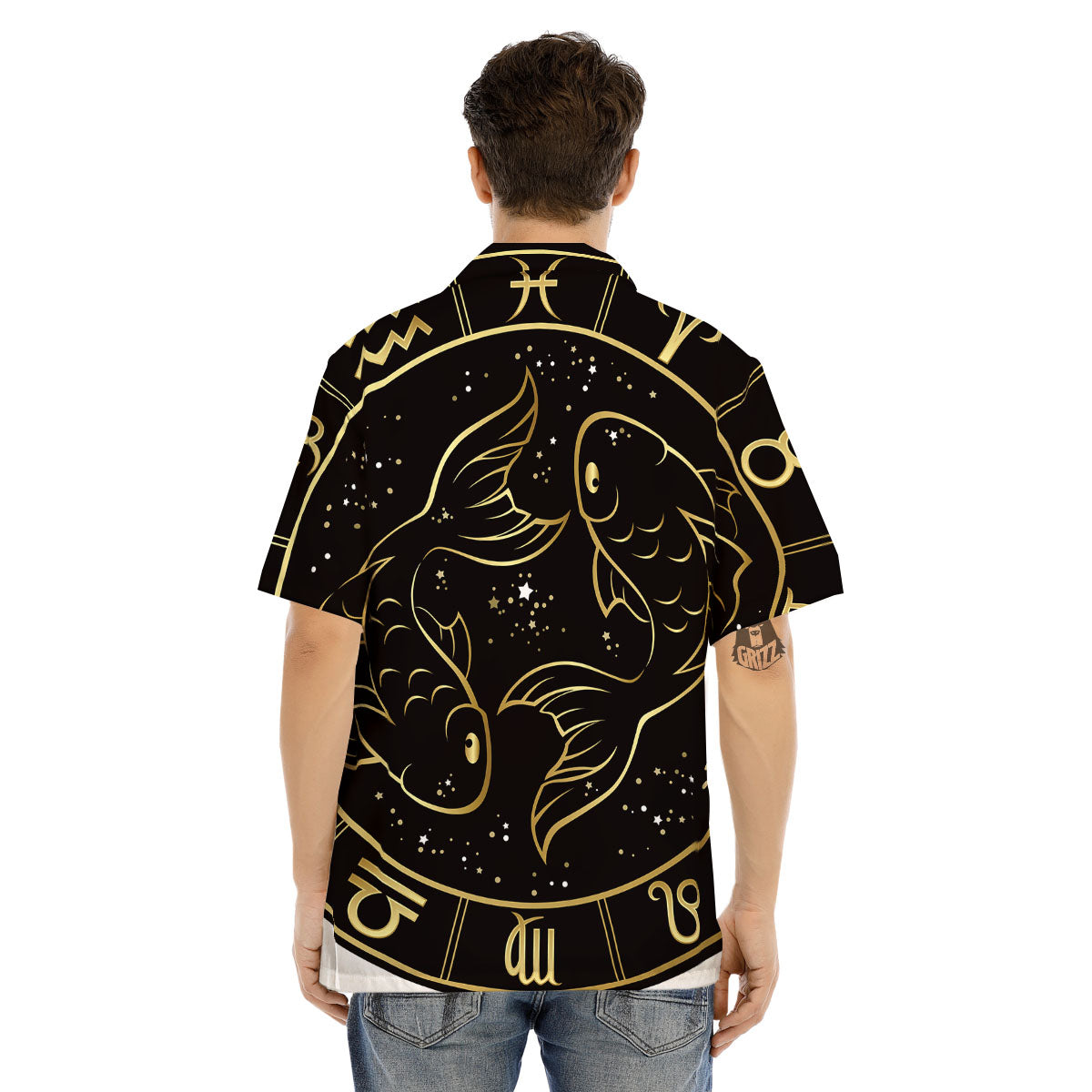 Pisces Sign Black And Gold Print Men's Hawaiian Shirt-grizzshop