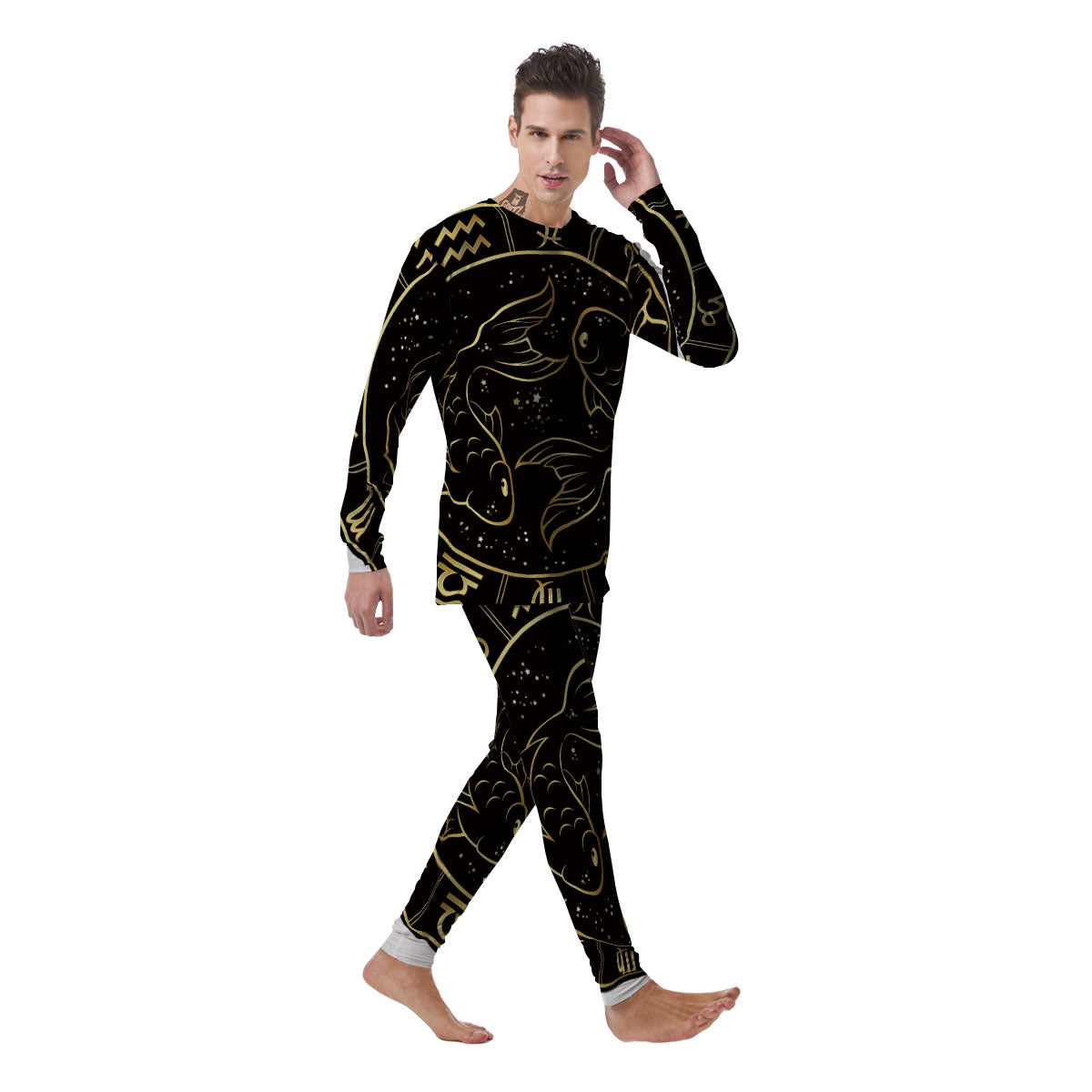 Pisces Sign Black And Gold Print Men's Pajamas-grizzshop