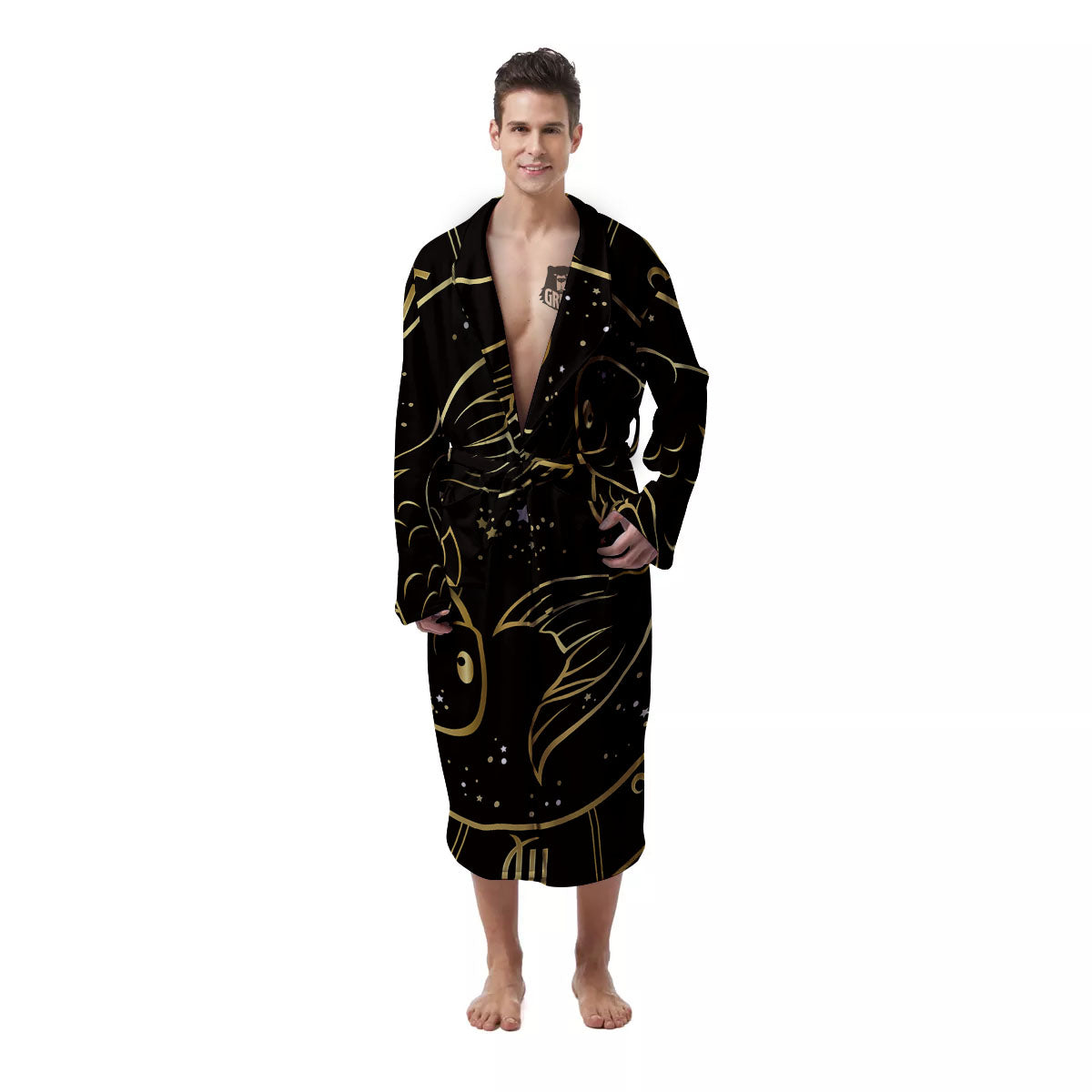Pisces Sign Black And Gold Print Men's Robe-grizzshop