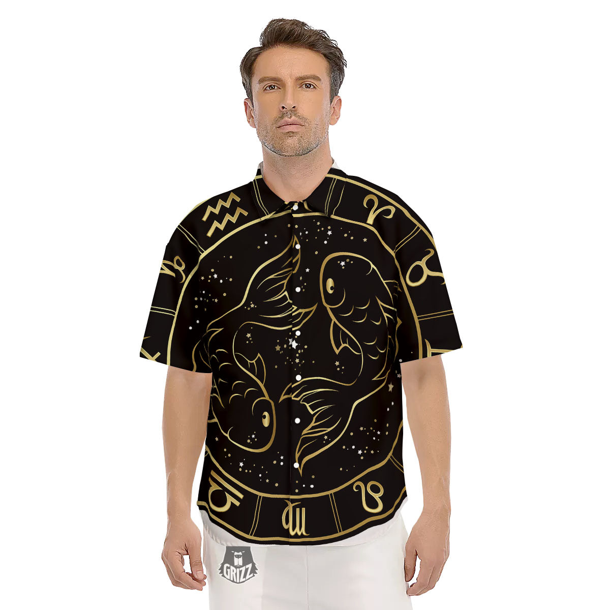 Pisces Sign Black And Gold Print Men's Short Sleeve Shirts-grizzshop