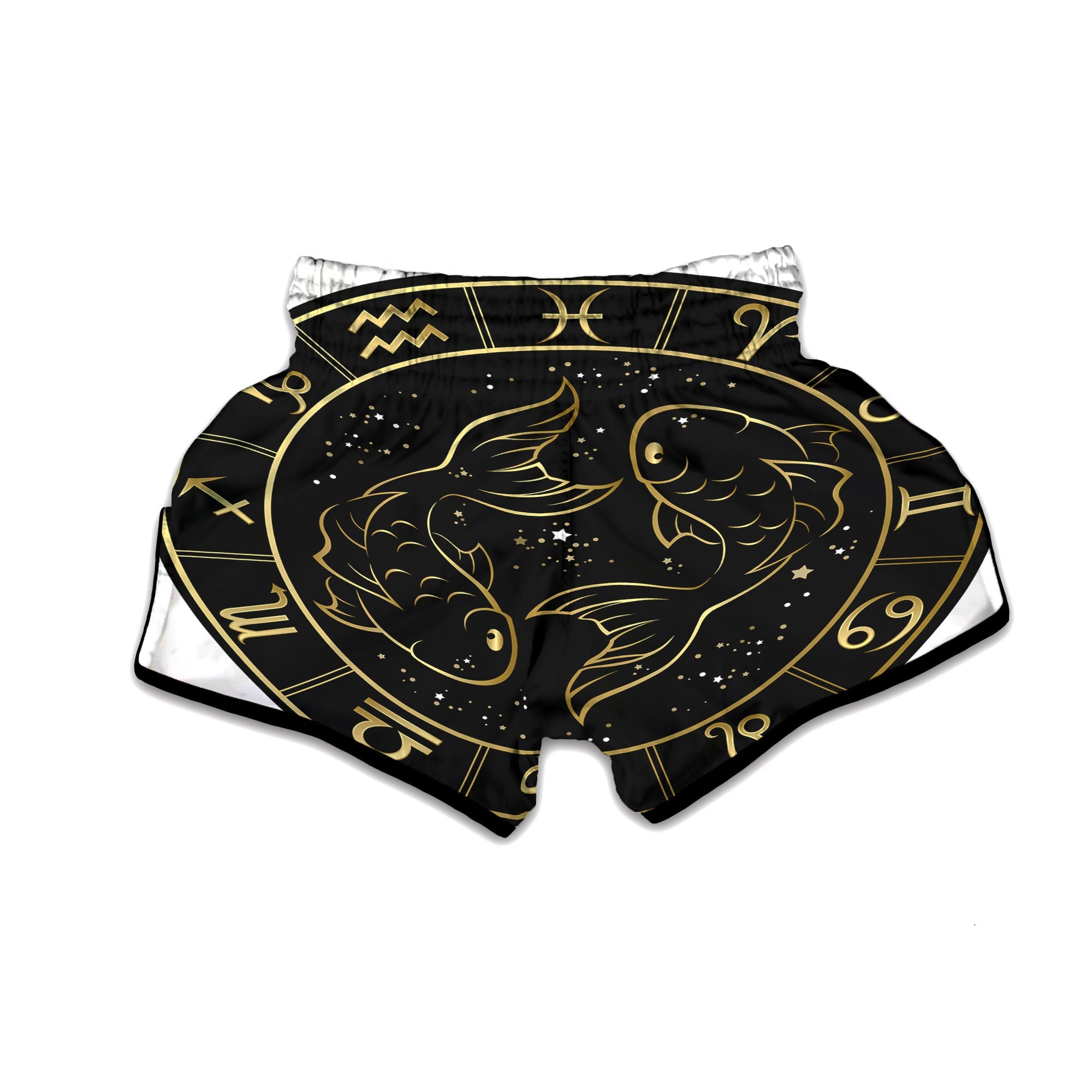 Pisces Sign Black And Gold Print Muay Thai Boxing Shorts-grizzshop