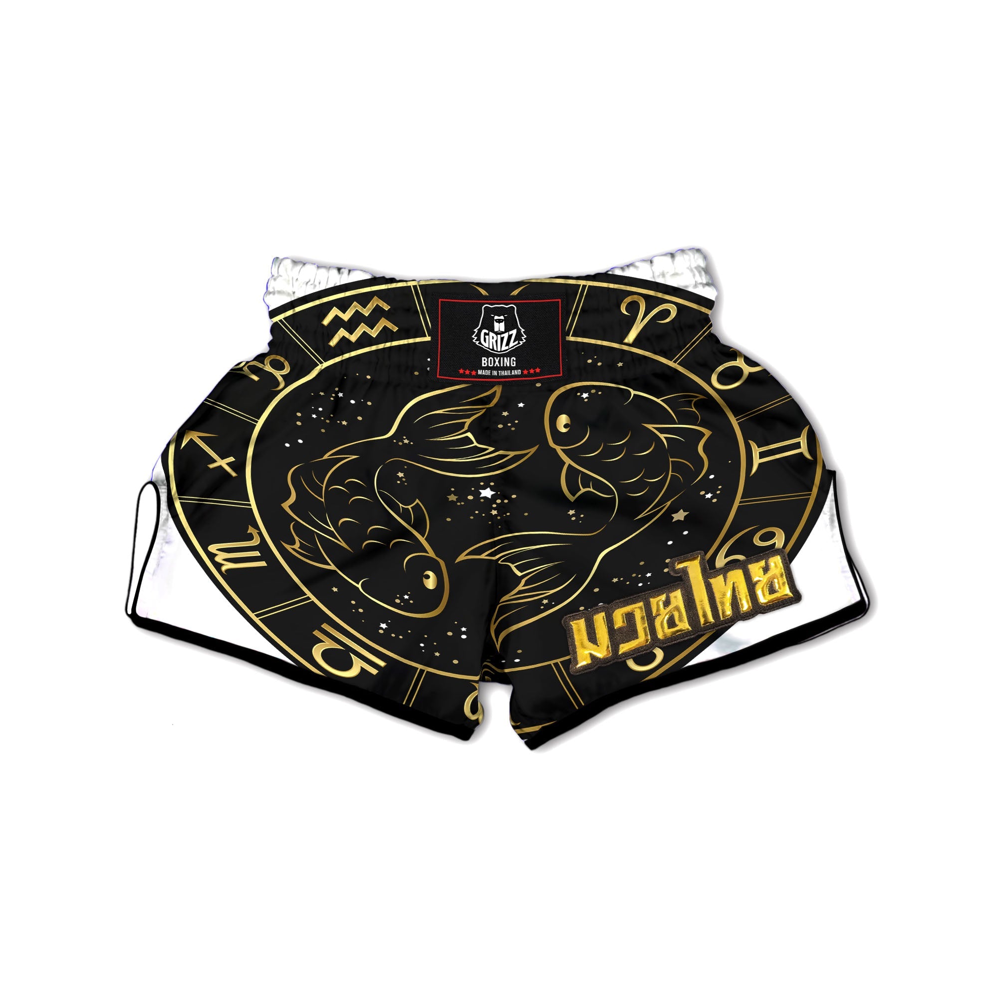 Pisces Sign Black And Gold Print Muay Thai Boxing Shorts-grizzshop